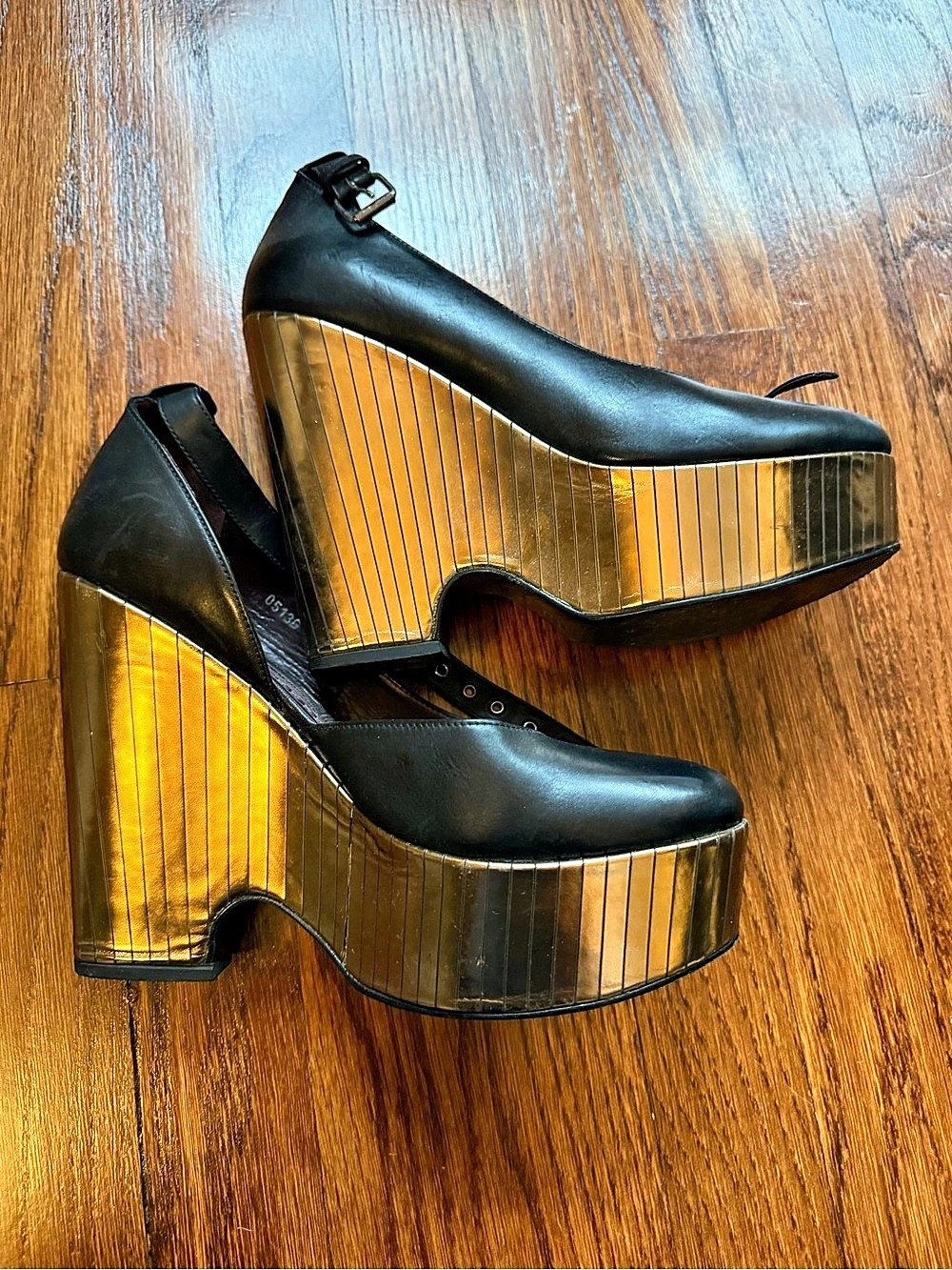 Opening Ceremony Excellent Condition Black & Gold Ankle Strap Platform Heels